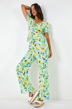 Dusk Green Floral Print Wide Leg Trouser