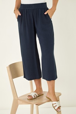 Roman Petite Navy Linen Mix Cropped Trouser