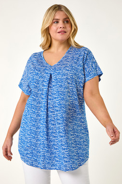 Roman Curve Blue Pleat Front Printed Stretch Top