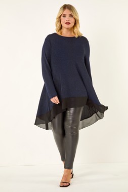 Blue Curve Glitter Chiffon Hem Tunic Top
