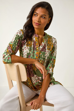 Roman Contrast Print Pintuck Shirt