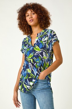 Roman Blue Textured Leaf Print V-Neck Stretch Top