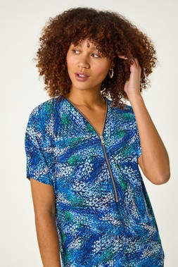 Roman Navy Textured Print Zip Stretch Top