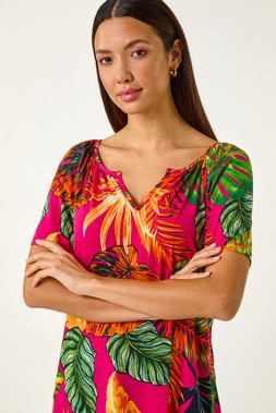Roman Tropical Print Notch Neck Stretch Top