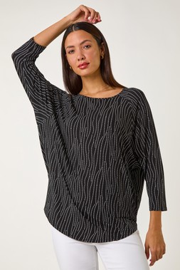 Roman Black Swirl Spot Print Stretch Top