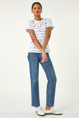 Roman Ivory Cherry Embroidered Stripe T-Shirt