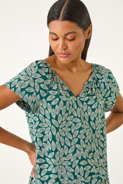 Roman Teal Textured Leaf Print Jersey Top