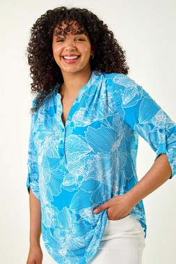 Turquoise Curve Textured Floral Print V-Neck Shirt