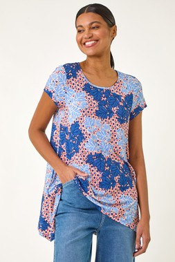 Roman Blue Leaf Print Hanky Hem Tunic Top