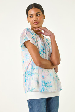 Roman Blue Floral Print Bubble Hem Top