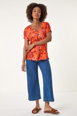 Roman Orange Floral Print Pleat Front Top