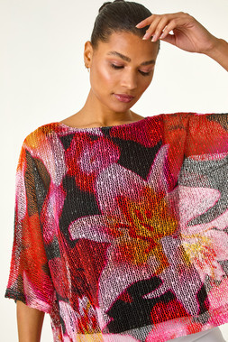 Roman Floral Print Mesh Overlay Top