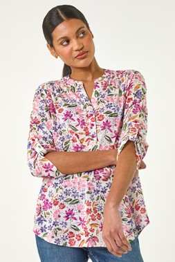 Roman Pink Floral Print Burnout V-Neck Top