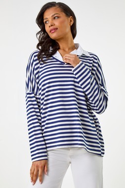 Roman Navy Mock Shirt Stripe Top