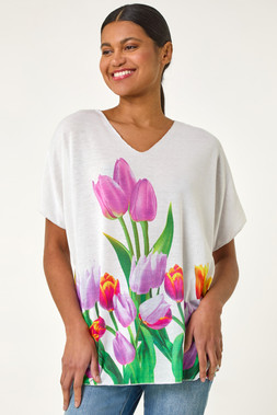 Roman Ivory Tulip Motif V-Neck Stretch Top