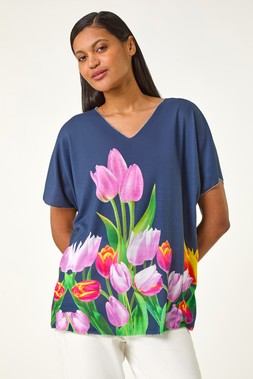 Roman Navy Tulip Motif V-Neck Stretch Top