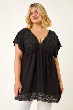 Roman Curve Black Lace Trim Stretch Top