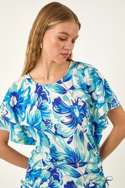 Roman Blue Abstract Ruched Side Stretch Top