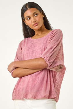 Roman Pink Mesh Bubble Hem Stretch Top