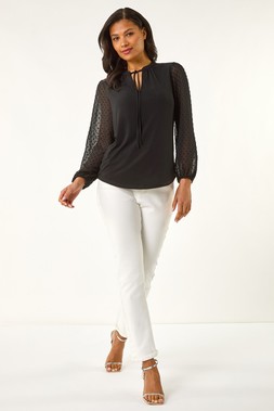 Roman Black Dobby Spot Tie Neck Mesh Top