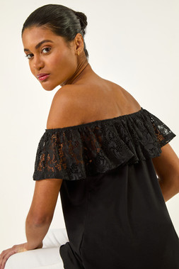 Roman Black Lace Trim Bardot Top
