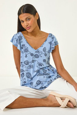 Roman Blue Floral Frill Shoulder Vest Top