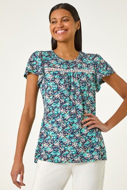 Roman Navy Floral Print Ladder Trim Stretch Top