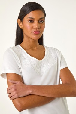 Roman Ivory Cotton Embroidery V-Neck T-Shirt