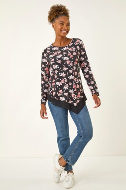 Roman Coral Floral Puff Print Stretch Top