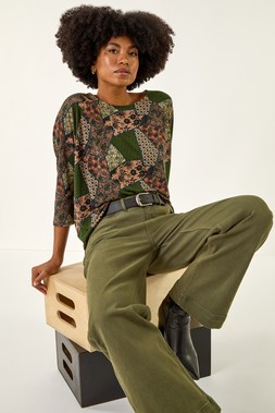 Roman Green Floral Patchwork Stretch Top