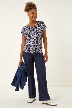 Roman Navy Geo Print Cowl Neck Stretch Top