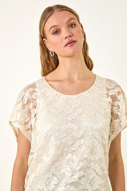 Roman Ivory Floral Lace Overlay Stretch Top