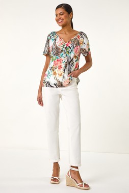 Roman Coral Animal Floral Notch Neck Top