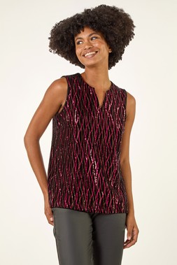 Roman Fuchsia Sequin Velvet Notch Neck Top