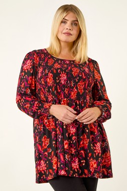 Red Curve Floral Print Stretch Top