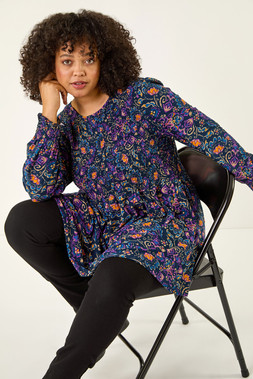 Roman Curve Floral Print Stretch Top