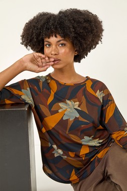 Roman Rust Floral Print Curved Hem Top