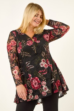 Roman Curve Black Zip Front Floral Lace Top