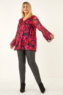 Roman Curve Magenta Floral Ruffle Mesh Top