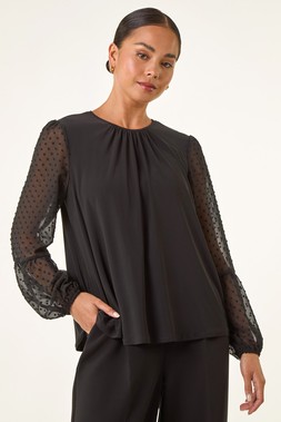 Roman Petite Black Contrast Dobby Stretch Top