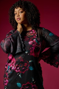 Roman Curve Red Floral Mesh Print Top