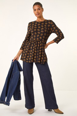 Roman Natural Abstract Print Stretch Tunic Top