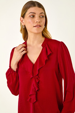 Roman Red Satin Ruffle Neck Blouse