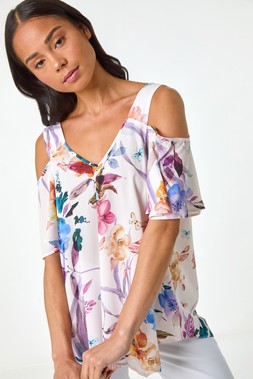 Roman Petite Ivory Floral Print Cold Shoulder Top