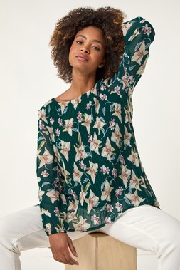 Roman Green Floral Print Pleated Tunic Top