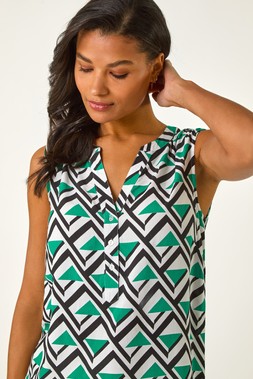 Roman Green Geo Print Border V-Neck Vest