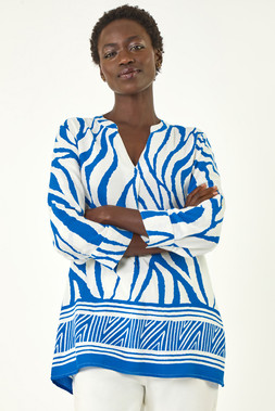 Roman Abstract Print Border Pleat Top