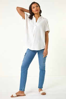 Roman Ivory Collared V-Neck Pleated Top
