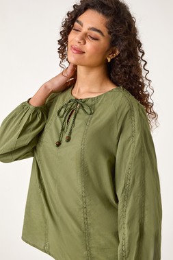 Roman Khaki Lace Trim Tie Neck Top