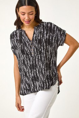 Roman Black Abstract Print V-Neck Button Top